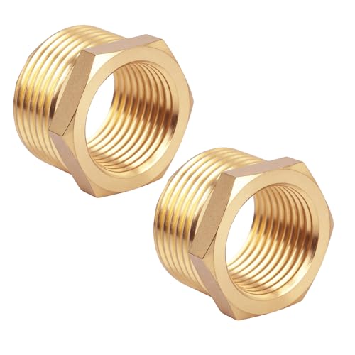 Image of lasuroa 2pcs Brass Reducer Hex Bushing, 3 /4 inch NPT Male to 1 /2 inch NPT Female Heavy Duty Threaded Pipe Air Hose Fitting Reducer Adapter for Plumbing Gas Hydraulic Systems