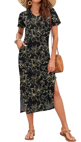 Image of MISFAY Womens Maxi Dress Short Sleeve V Neck Loose with Pockets | Soft stretchy breathable, v neck loose fit, side split hem, two side pockets, casual daily beach vacation travel dress