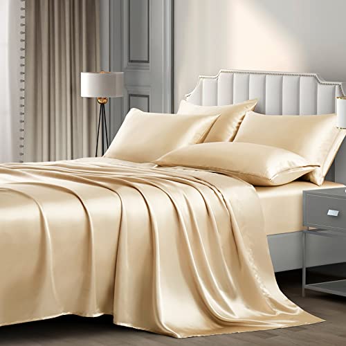Satin Sheets King (6 Pieces, Taupe) - Pothuiny Luxury Silky Satin Bed Sheets King Bedding Set, Extra Soft Satin Sheet Set, 1 Satin Fitted Sheet + 1 Flat Sheet + 4 Pillow Cases