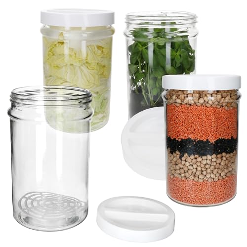 MamboCat ORTES Lot de 4 bocaux de conservation ronds I 5 l I Bocaux en verre avec couvercle en plastique blanc & grille de fermentation I Idéal pour l'insertion, la conservation et le stockage