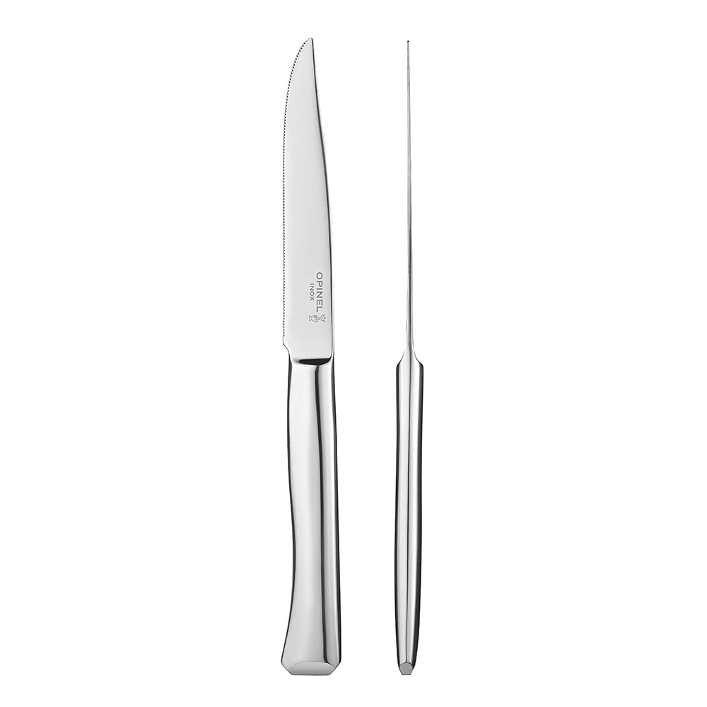 Opinel - Boîte 4 Couteaux de Table Perpétue - Lame Acier Inox Micro-Dentée - Manche Acier Inox Léger et Confortable - Découpe Optimale - Design Contemporain