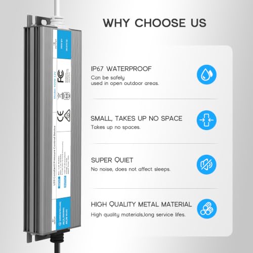 Image of LED Driver 36 Watts Waterproof IP67 Power Supply 85V-265V AC to 24V DC Converter,Quiet and Small LED Transformer Low Voltage Output with 3-Prong Plug 3 Feet Cable for LED Light Strip, Outdoor
