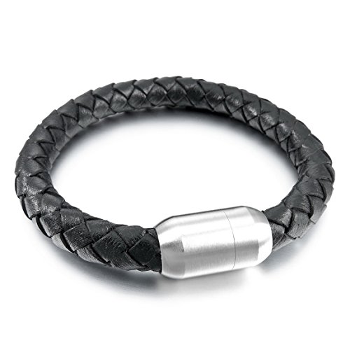 INBLUE Men's 8mm Stainless Steel Genuine Leather Bracelet Bangle Black Silver Tone Braided Magnetic Clasp 8 Inch