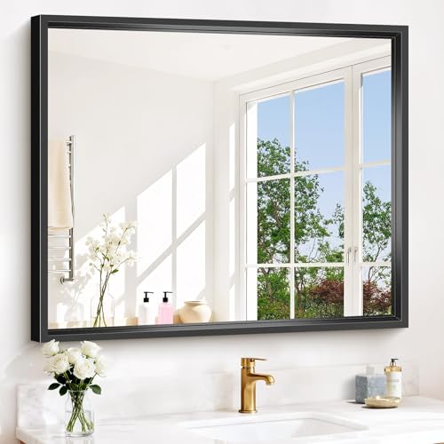 Image of Bathroom Mirror, 42 x 36 Inch Brushed Black Rectangle Mirror, 0.6 inch Thickened Deep Frame Mirrors for Wall Over Sink, Shatterproof Tempered Glass, Antirust, Horizontally or Vertically