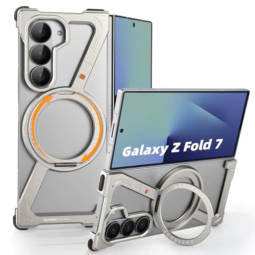 Image of Z Shaped Metal Frameless Phone Case for Samsung Galaxy Z Fold 7 with Wireless Charging | Minimalist Bezel Less with 360 Magnetic Ring Kickstand (Grey)