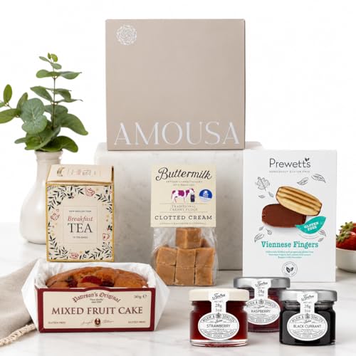 Gluten Free Afternoon Tea Hamper -Gluten free Hamper With Tea Bags Viennese Fingers Clotted Cream Fudge Fruit Cake & Mini Jams. Suitable Gift For Celiacs or Anyone Following A GF Diet. Celiac Gifts