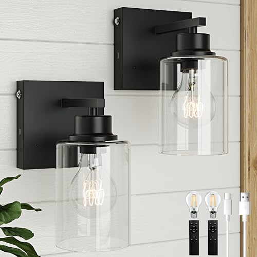 Rayogale Battery Operated Wall Sconce Set of 2, Rechargeable, Wireless, Dimmable, Timer, Remote, Touch Control, 3000K, USB-C Charging for Living Room, Bedroom Black (Include 2 Special Bulbs)