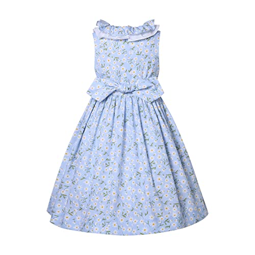 Blue Smocked Dress for Toddler Girls Elegant Daisy Flower Sleeveless Casual Dress Size 4 5 6 7 8 10 12 142