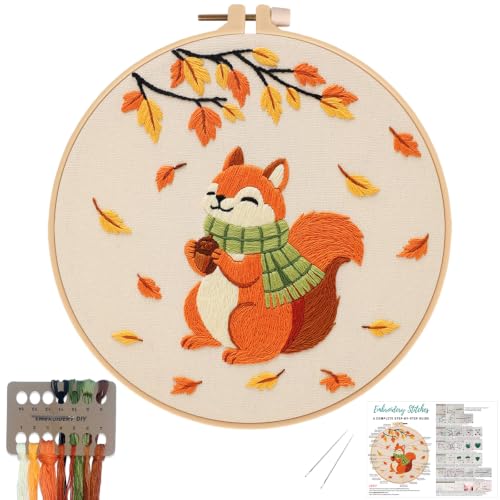 Image of Louise Maelys Autumn Squirrel Embroidery Kit for Beginners Adults | Cross Stitch Kit for Adults,Stamped Pattern, Complete Easy Needlepoint Kit, Easy Craft Thankgiving Gift And Room Decor