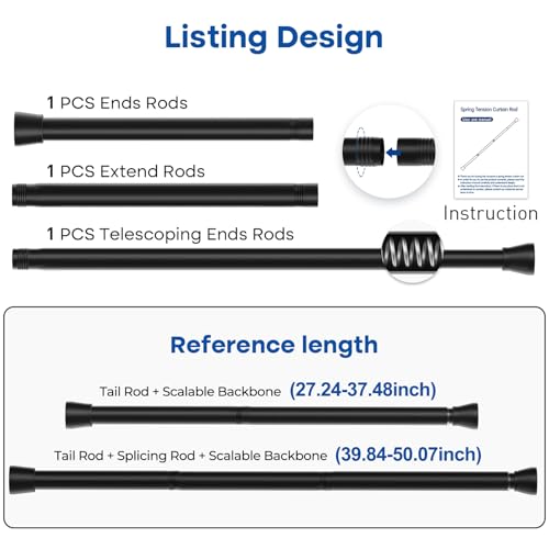 Image of Black Tension Rods for Windows 28 to 48 Inch 2 Pack Spring Curtains Rod Tension Curtain Rod Expandable Pressure Curtain Rod Tension No Drill Adjustable Curtain Rods for Bathroom,Doorway,Door