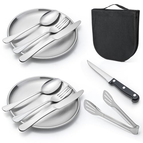 Outdoor Camping and Picnic Tableware Set, Stainless Steel Knives, Forks, Spoons, Plates, Food Tongs, Portable Tableware Set with Storage Bag