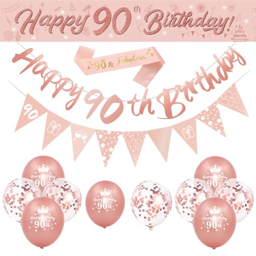 DEARLIVES 14 Piece 90th Birthday Decoration Set: Rose Gold Balloons Banners & Straps
