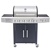 Arsard Barbecue a Gas Professionale XXL Con 6 Fuochi Multifunzione Da 19 KW, Completo Di Bruciatore Laterale, Coperchio, Termometro, Griglia In Ghisa, Ruote, Portabombola E Struttura In Acciaio Inox