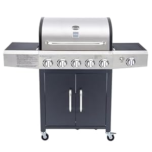 Arsard Barbecue a Gas Professionale XXL Con 6 Fuochi Multifunzione Da 19 KW, Completo Di Bruciatore Laterale, Coperchio, Termometro, Griglia In Ghisa, Ruote, Portabombola E Struttura In Acciaio Inox 6 Fuochi - 137 x 50 x 120 Cm Grigio/Nero