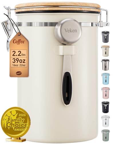 Veken Coffee Canister, 39OZ Large, Airtight Stainless Steel Food Storage Container for 2.2lbs Coffee Beans, Ground, Sugar, Tea, Flour, Cereal, Kitchen Bar Accessories with Date Tracker & Scoop, Cream