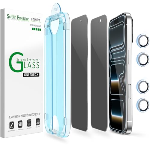 Image of amFilm OneTouch for iPhone 17 Pro Privacy Screen Protector 6.3'' 2025 | 30s Auto-Alignment, Bubble Free, Tempered Glass, 28 Anti Spy, Shatterproof, Camera Lens Protector 2+4 Pack (17P-6.3'')
