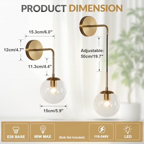 Image of BOKT Mid Century Modern Globe Wall Sconce Lighting Brushed Brass Gold Bathroom Wall Lights Clear Bubble Glass Ball Wall Light Fixture Lamp Bedroom Bedside Wall Light (Gold+Clear)