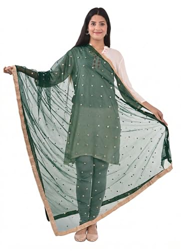 Image of YOUTHQUAKE Women's Net Embroidered Full Size Dupatta With 4 Side Golden Lace