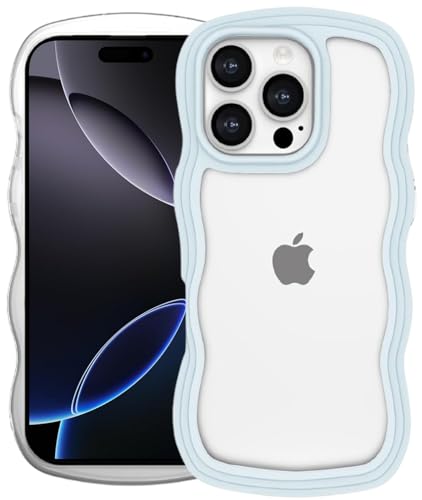 Image of GoldKart iPhone 16 Pro Max Case Wavy Edge Clear Back Design, Anti-Slip Grip Cute Wave Curly Frame Shape Shockproof Soft TPU & Hard PC Bumper Protective Phone Case Cover for Women Girls - Light Blue