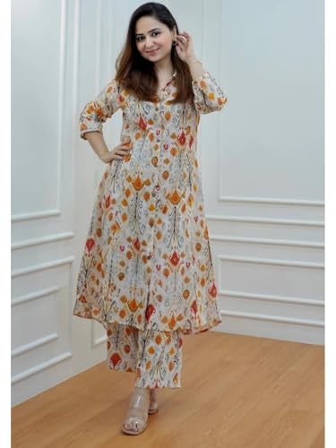 Image of DHRUVI TRENDZ Anarkali Kurta-Set for Women - Viscose Rayon Printed Kurta & Straight Pant | Festive Ethnic Indian Traditional Outfit for Functions & Puja | Lightweight Two Piece Dress for Daily Wear & Holiday Look | 3 /4 Sleeve