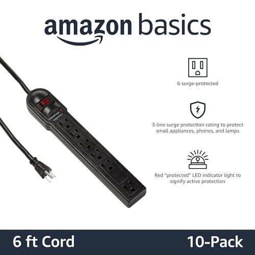 Image of Amazon Basics Surge Protector Power Strip, 6-Outlet, 790 Joules, Circuit Breaker, LED Indicator, 6ft Extension Cord, Black, 10-Pack