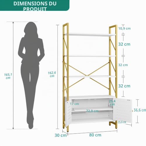 YITAHOME Bibliothèque avec Armoire de Rangement, étagère à Livres à 5 Niveaux avec Portes, pour Chambre à Coucher, Salon, Bureau, Blanc et doré – vue 2
