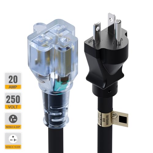10FT Nema 6-20P Extension Cord, Plugrand 20 Amp-250 Volt 12AWG Nema 6-20P to 6-15R/20R T-Blade Heavy Duty Cord with Red Indicator Light, Cord for Air Conditioner- Only Work for 250V Devices, Black by Plugrand - Image 4