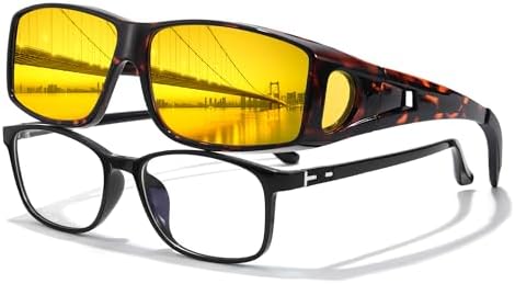 LVIOE Wrap Around Night-Vision Glasses, Fit Over Prescription Glasses with Polarized Yellow Lens Night-Driving Glasses