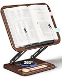 Viozon Book Holder for Reading, Book Stand 360° Rotating Base with Pen Slot, Cookbook Stand, Foldable Book Display Stand with Elastic Page Clips for Recipe,Textbook,7-17" Tablet,Laptop,Walnut Colour