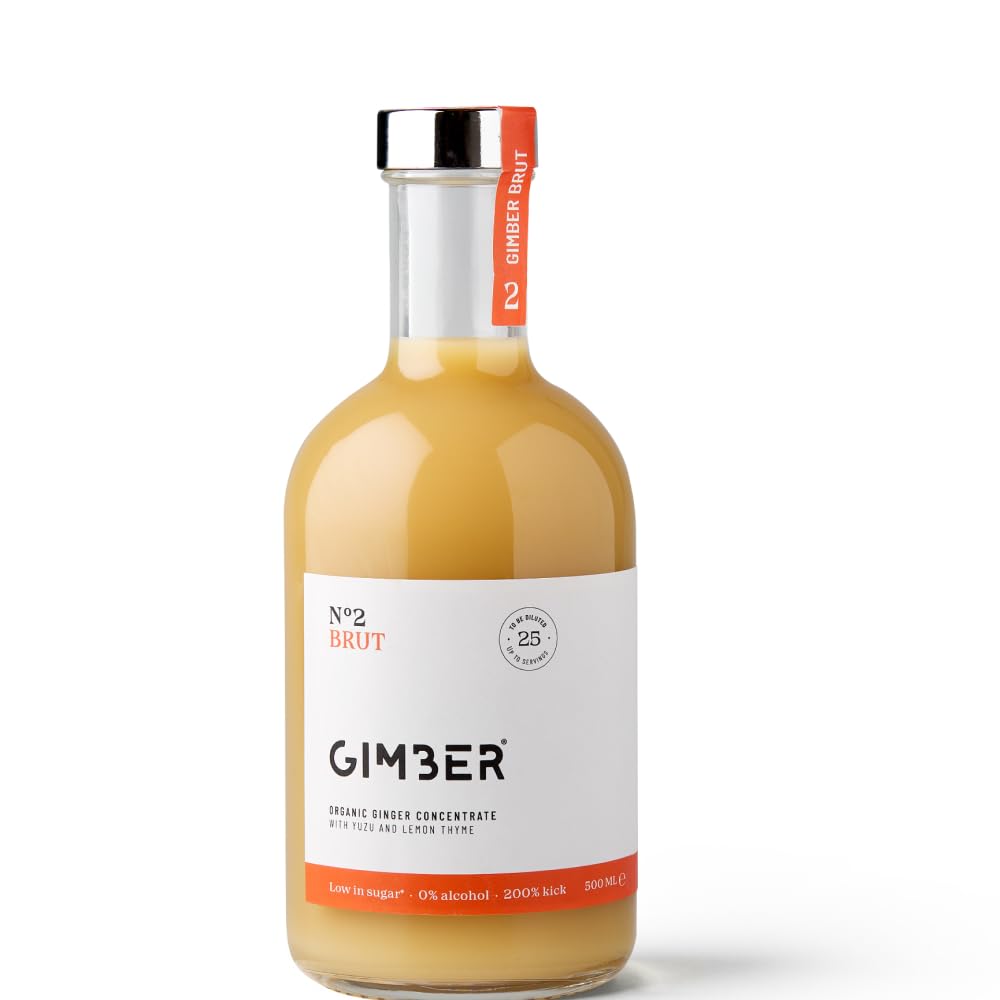 GIMBER N°2 500 ml Brut – Concentré de gingembre bio | 50% de sucre en moins | Sans alcool et naturel | Boisson bio à base de gingembre, de yuzu et de thym citronné premium pour boissons et cocktails