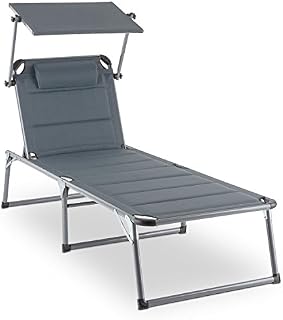 Blumfeldt Amalfi Noble Gray Sunbed - 70 x 37 x 200cm, 5-Level Adjustable Backrest, Sun Visor for Glare-Free Sunbathing, Foam Padding and Pillow, Weather-Resistant, Grey