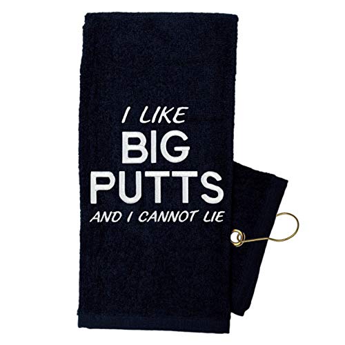 Golf Towel Store - Funny Golf Towels for Men, 100% Cotton 16 x 24 Tri-fold Black Golf Towel with Clip, Embroidered Golf Towels for Golf Bags with Clip (I Like Big Putts Golf Towel)