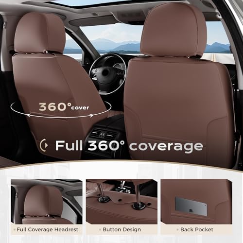 Image of Coverado Full Set Car Seat Covers, Brown Leather Seat Protectors for Cars, Waterproof Luxury Front & Back Car Seat Covers, Universal Fit for Most Cars-Brown