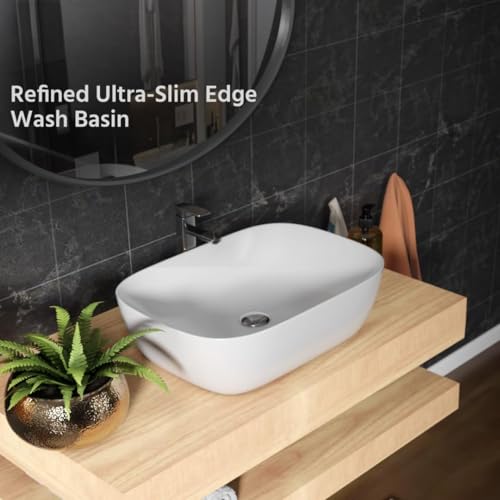 Image of OSOSAM Ceramic Glossy Rectangle Wash Basin for Bathroom | Premium Tabletop Countertop Vessel Sink for Vanity, Dining Area & Home | 46 x 33 x 16 cm