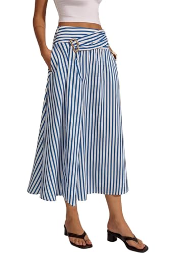 CHARTOU Women Summer Stripes Maxi Skirt Cross High Waist Metal Button Flowy A Line Skirt