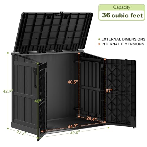 WTFGO 36 Cu Ft Horizontal Resin Storage Shed, Weatherproof Outdoor Storage Cabinet with Dual Lock Door, Fits Small Trash Cans, Generators, & Garden Tools, Matte Black - Image 2