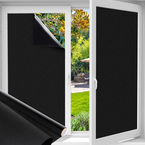 Funfox Fensterfolie Schwarz Verdunkelungsfolie Blickdicht Fenster Sonnenschutz Milchglasfolie Selbstklebend Anti-UV Statische Folie Milchglas für Badzimmer Schwarz 44.5 x 200cm