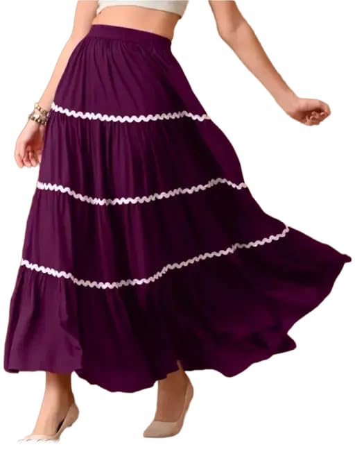 Women Traditional Ethnic Viscose Rayon Purple Skirt with Flared Design with Elasticated Waist