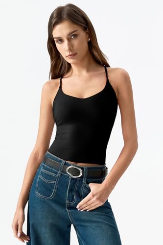 Image of QINSEN Womens Cross Back Tank Top V Neck Double Lined Camisole Top Sleeveless Spaghetti Strap Going Out Tops