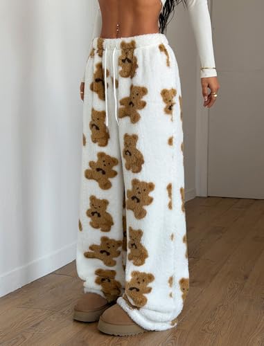 Image of ZAFUL Women's Fuzzy Plush Pajama Pants Wide Leg Pj Bottoms Lounge Pants