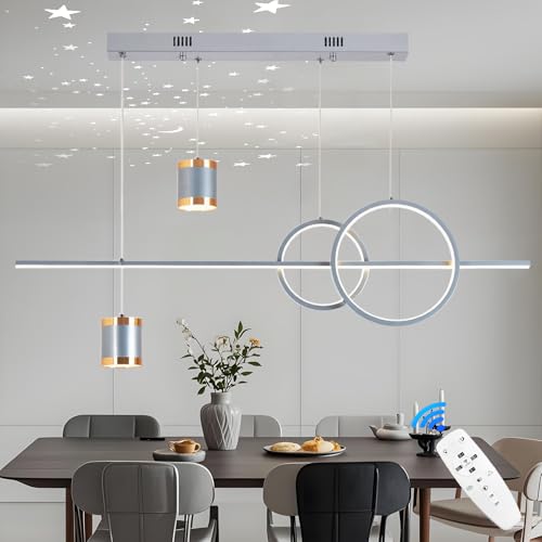 Qiaomao Lampadario LED sospensione 49W Dimmerabile Lampadari a sospensione moderni Lampadario sala da pranzo Altezza 120 cm regolabile con Telecomando,Soffitto cielo stellato,Grigio