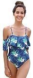 SHEKINI Damen Rüschen Einteiliger Badeanzug Schulterfrei Volants Einteiliger Bikini Bauchweg Slim Bademode Retro Strandmode(S, Tiefes Blau)