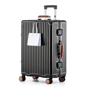 yuweijie Koffer groß, Koffer & Trolleys - Robuster Alu-Rahmen Suitcase für Reisen, 4 Rollen, TSA Schloss, Schwarz mit braunem Ledergriff, XL-75cm