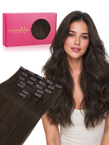 WENNALIFE Clip in Hair Extensions Real Human Hair, 22 Inch 200g 9pcs Light Dark Brown Fuller Hair Extensions Remy Hair Clip Ins, Soft Blendable Reusable &amp; Heat Friendly for Volume and Length