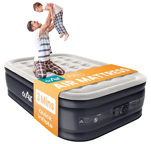 Dr. air Full Air Mattress with Built-in Pump, 18' Raised Blow Up Mattress, 600 lbs Max Honeycomb Air Bed, 48Hr Leak-Proof Test, 3min Inflatable Mattress for Home, Guests, Camping, Colchones inflables