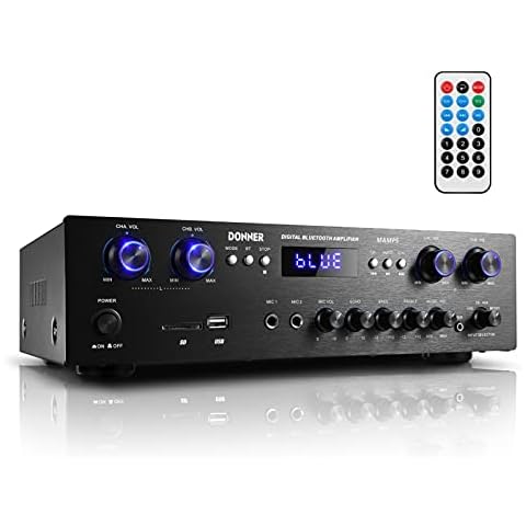 Audio Leistungsverstärker Bluetooth, Donner 440 W Wireless Desktop Audio Verstärker 4 Kanal 5.0, Stereo receiver mit USB, SD, FM, 2 Mikrofoneingang Echo, Cinch, LED, für Studio, Heimkino-MAMP5 Cover