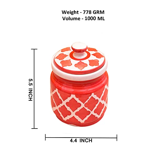 Image of Ceramic Jars (1000 ML) - Handcrafted Multipurpose Barni with Lid for Pickle, Chutney, Spices, Salt, Sugar - Kitchen Storage Containers, Red White