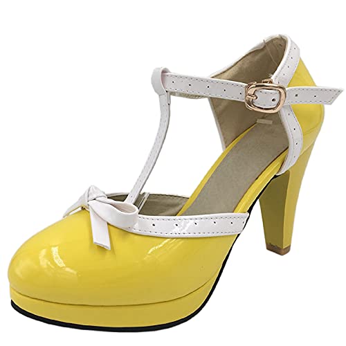 ErikenUrben Femmes Doux Talons de Cône Sandals Almond Toe T Strap D Orsay Pumps Talons Hauts Chaussures Synthétique Patent Yellow Taille 39 Asian Cover