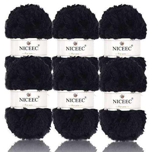 Image of NICEEC Faux Fur Yarn Super Soft, Chunky & Fluffy, Eyelash Yarn for Crochet & Knitting(Total Length 210yds /10.6oz) - Black /300g