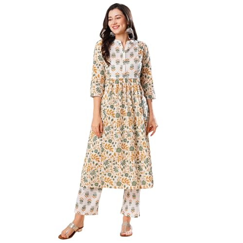 Image of Globus Women Ivory Floral Print A-Line Kurta Set With Trouser-3638388001